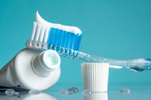 Toothpaste on toothbrush.